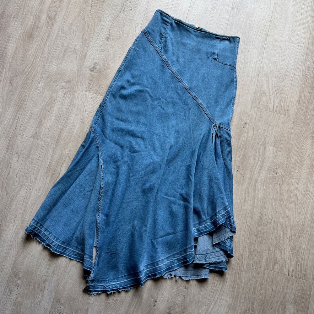 Labijou Cowgirl Denim Maxi Skirt High Waist Stretch Asymmetrical Pleaded Skirt